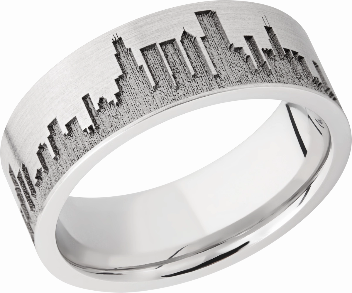 Cobalt chrome 8mm flat band with laser-carved Chicago skyline Bright Touch