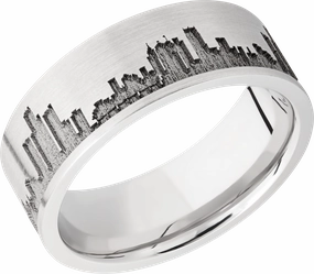 Cobalt chrome 8mm flat band with laser-carved Detroit skyline Luxury Shine Finish