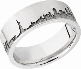 Cobalt chrome 8mm flat band with laser-carved New York skyline Bright Finish Party Gift