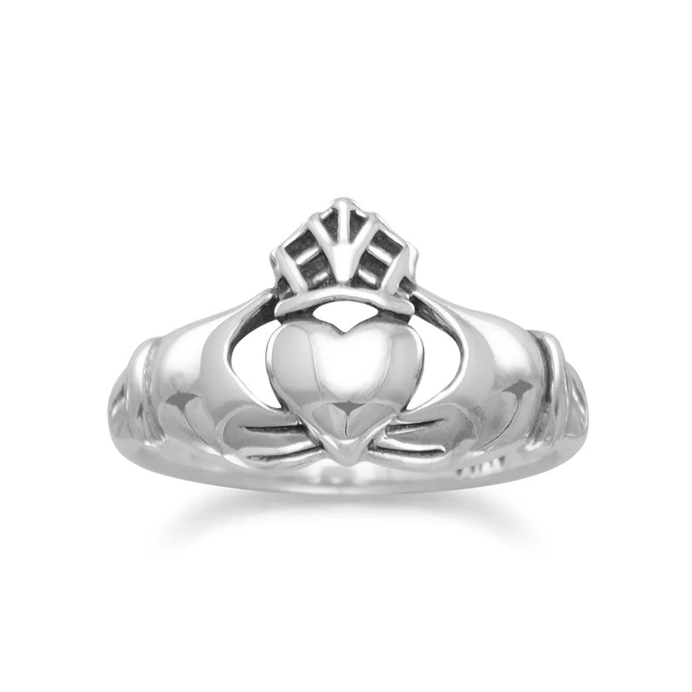 Claddagh Ring Antiqued Sterling Silver Mens Womens Smooth Band Statement Glow