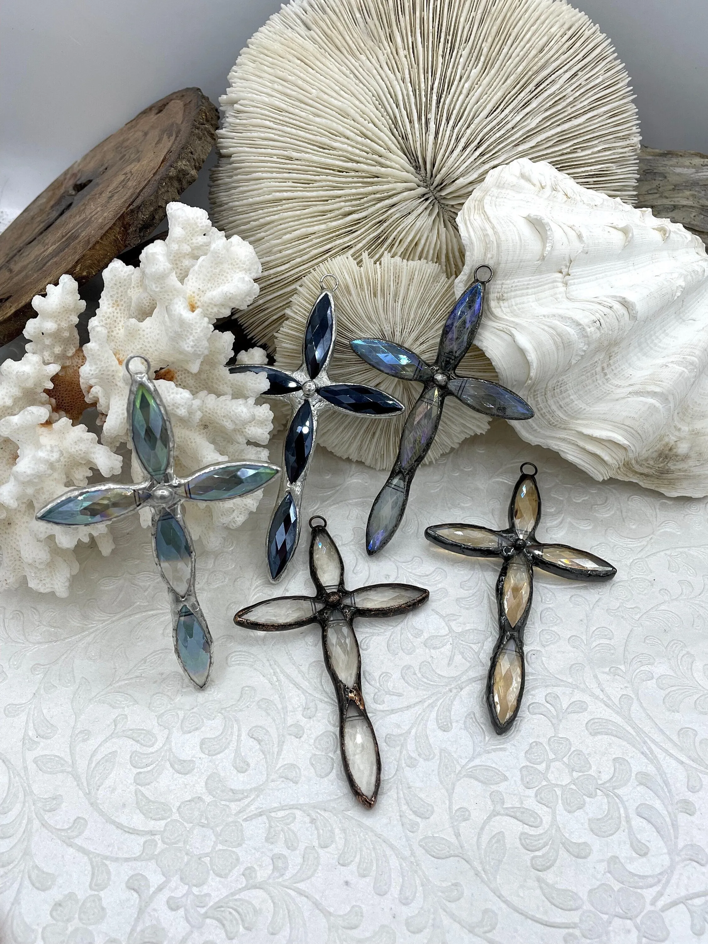 Soldered Cross Shaped Crystal Pendants and charms. Large Cross Shape Crystal, 5 Styles, 94mm x 62mm x 8.5mm, 4mm Bale ID, Fast Shipping Sophisticated Edge Personal Style