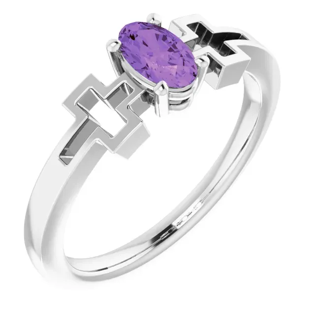 Personal Statement 14K White Amethyst Youth Solitaire Cross Ring