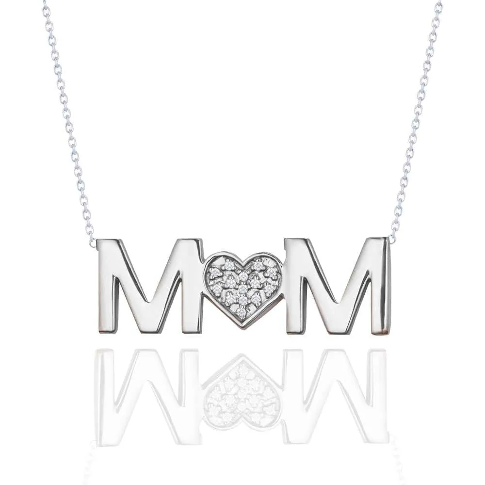 Cultural Event MOM Diamond Pendant Necklace in 18K White Gold over Silver