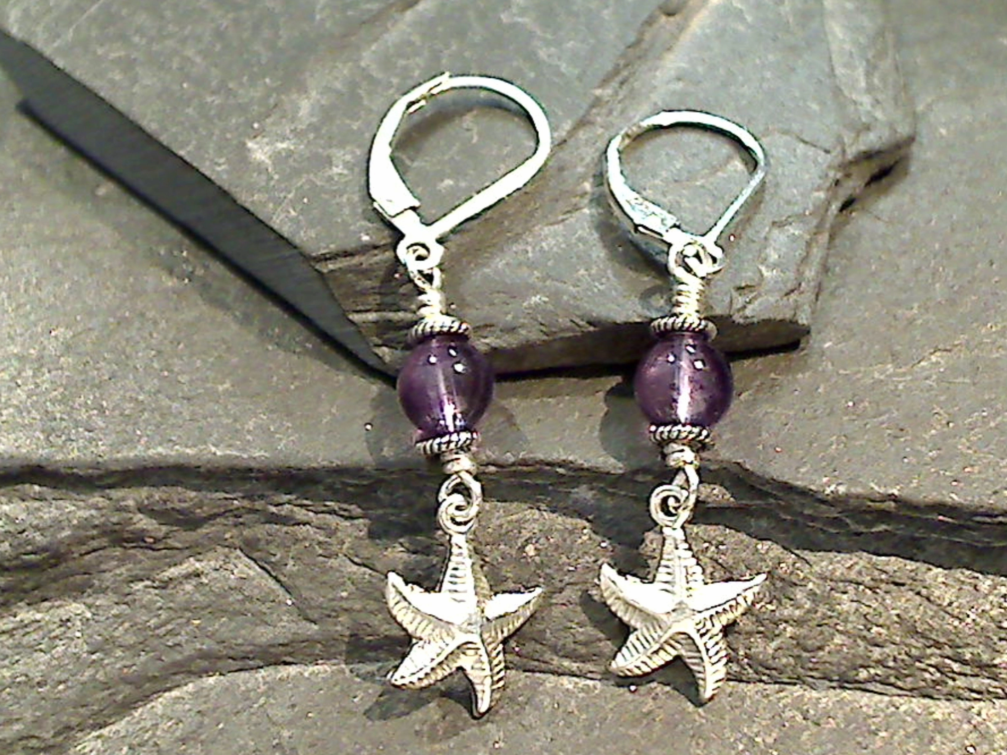 Fashionable Finish Amethyst, Sterling Silver Starfish Earrings
