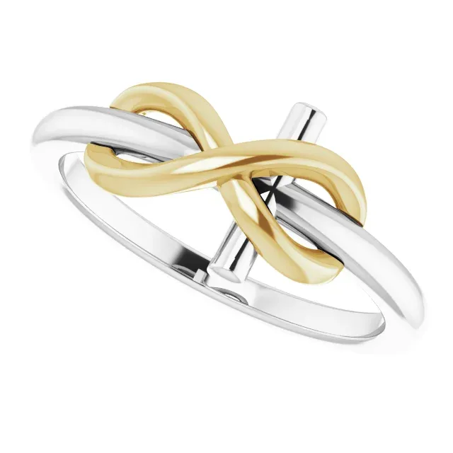 Glamorous Ornament 14K White & Yellow Infinity-Inspired Cross Ring