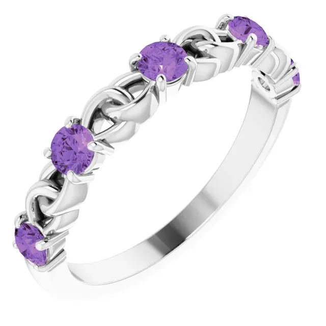 Textured Feel Lustrous Detail 14K White Amethyst Stackable Link Ring