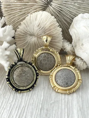 Personal Accent Beautiful Style Coral Fossil Pendant with Bezel, Cabochon Natural Stone will come in a variety of patterns, 3 bezel colors, Natural Fossil Stone, Fast Ship.