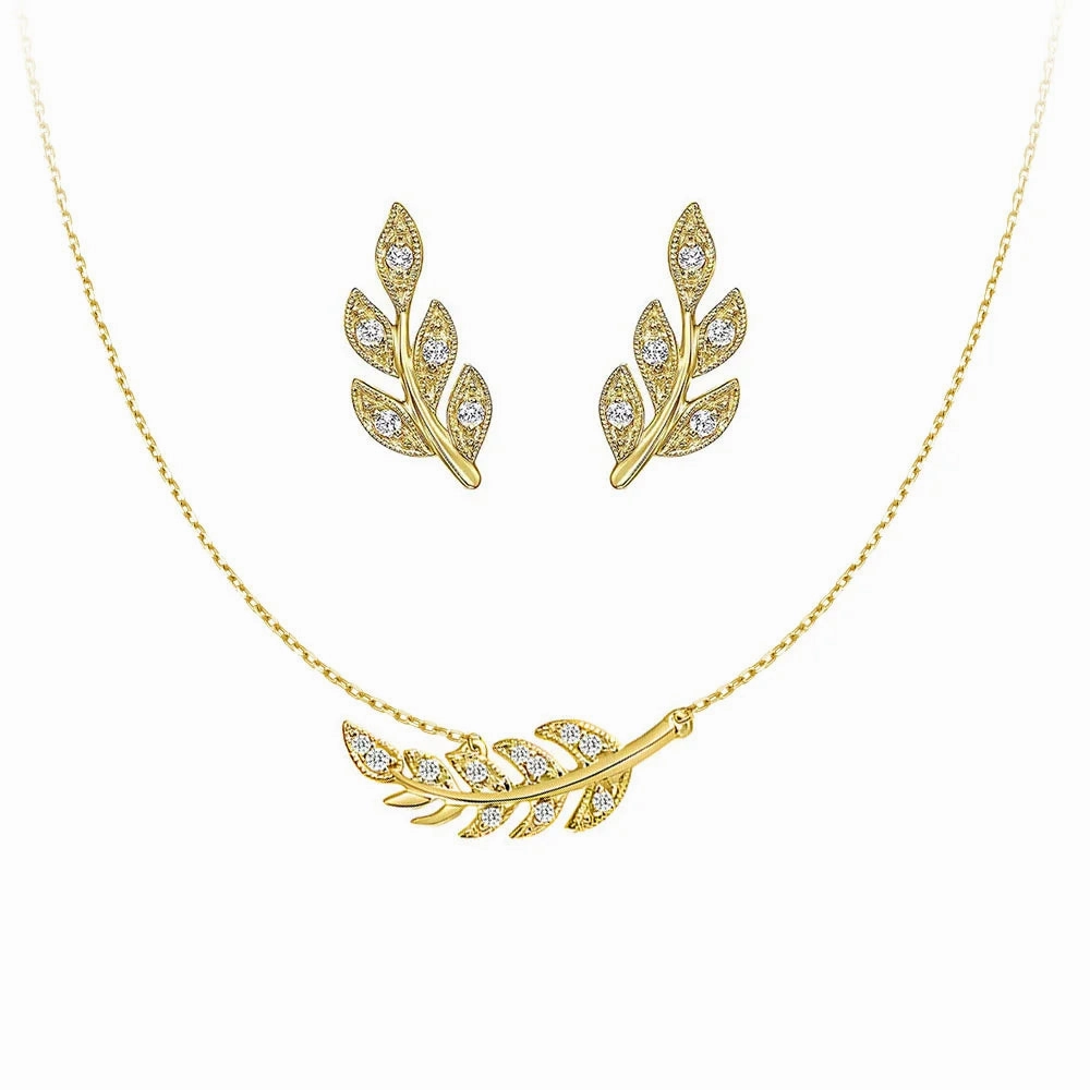 Layered Accent Couture Botanical Foliage Lab Grown Diamond Necklace and Earring Set