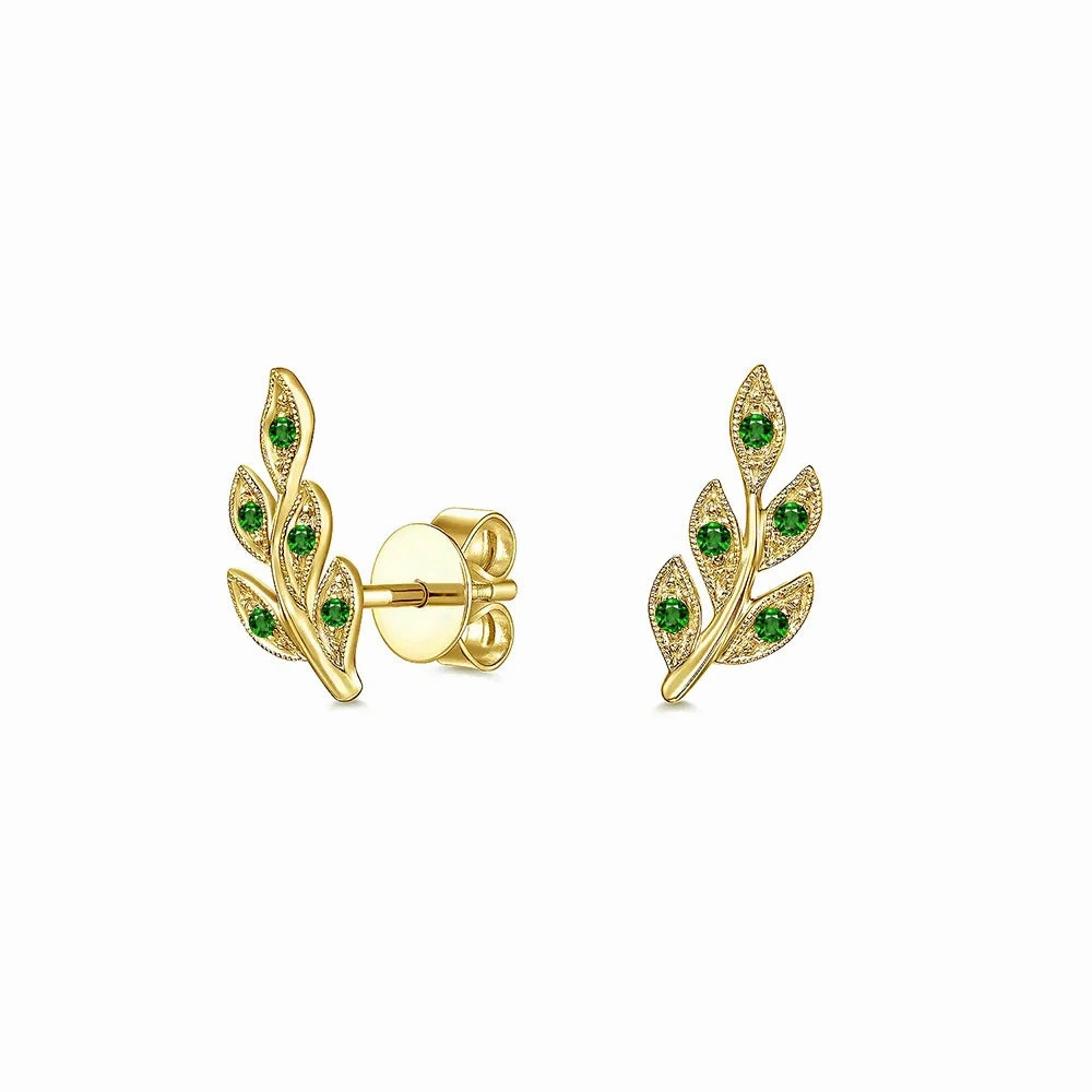 Elegant Beauty Artisan Detail Couture Botanical Foliage Lab Grown Emerald Stud Earrings
