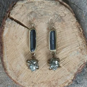 Supernova Earrings - Brass, Tourmaline   Pyrite Vintage Detail