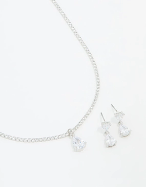 Silver Cubic Zirconia Drop Pear Necklace & Earrings Set Distinctive pieces