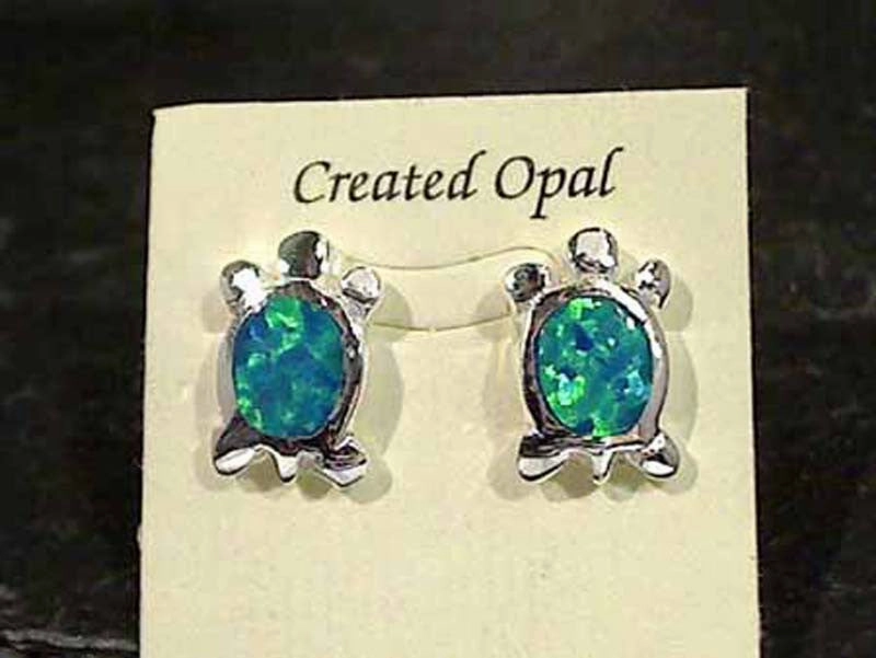 Linear Embellishment Decorative Detail Created Opal, Sterling Silver Turtle Earrings