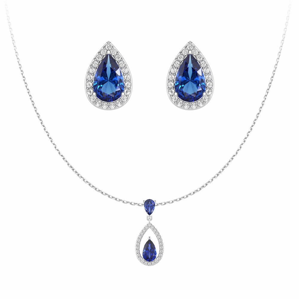 Blue Sapphire Drop Pendant And Halo Stud Earrings Set Layer Friendly Glow Up Look