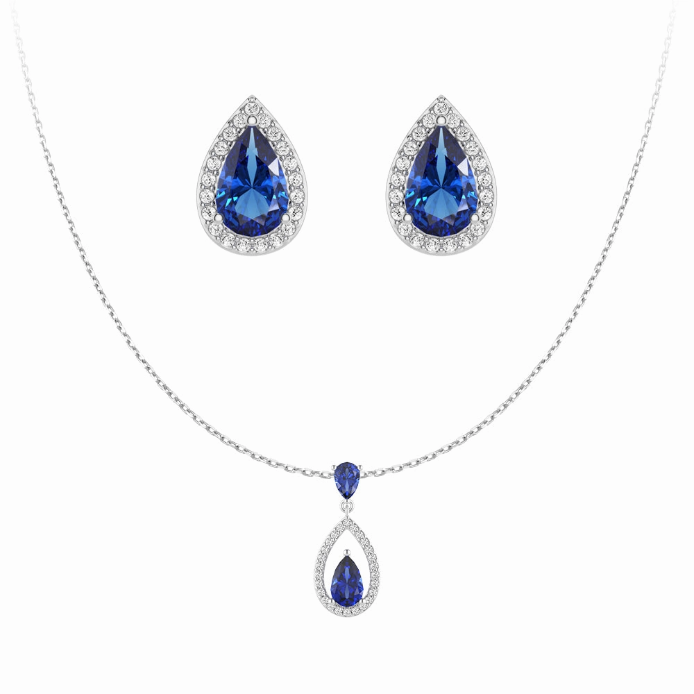 Blue Sapphire Drop Pendant And Halo Stud Earrings Set Night Appeal Graceful Flow