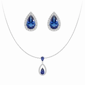 Blue Sapphire Drop Pendant And Halo Stud Earrings Set Night Appeal Graceful Flow