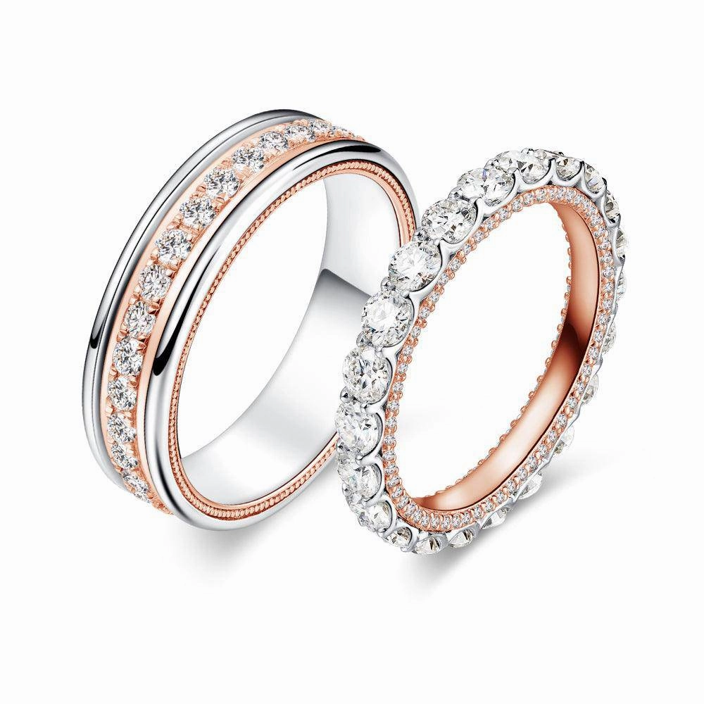 Two Tone Round Moissanite Eternity Couple's Ring Set Sophisticated Craft