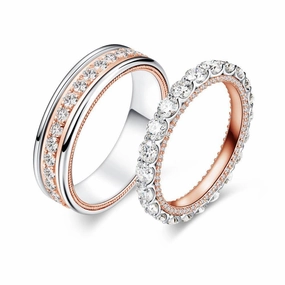 Soft Spark Delicate Finish Two Tone Round Moissanite Eternity Couple's Ring Set