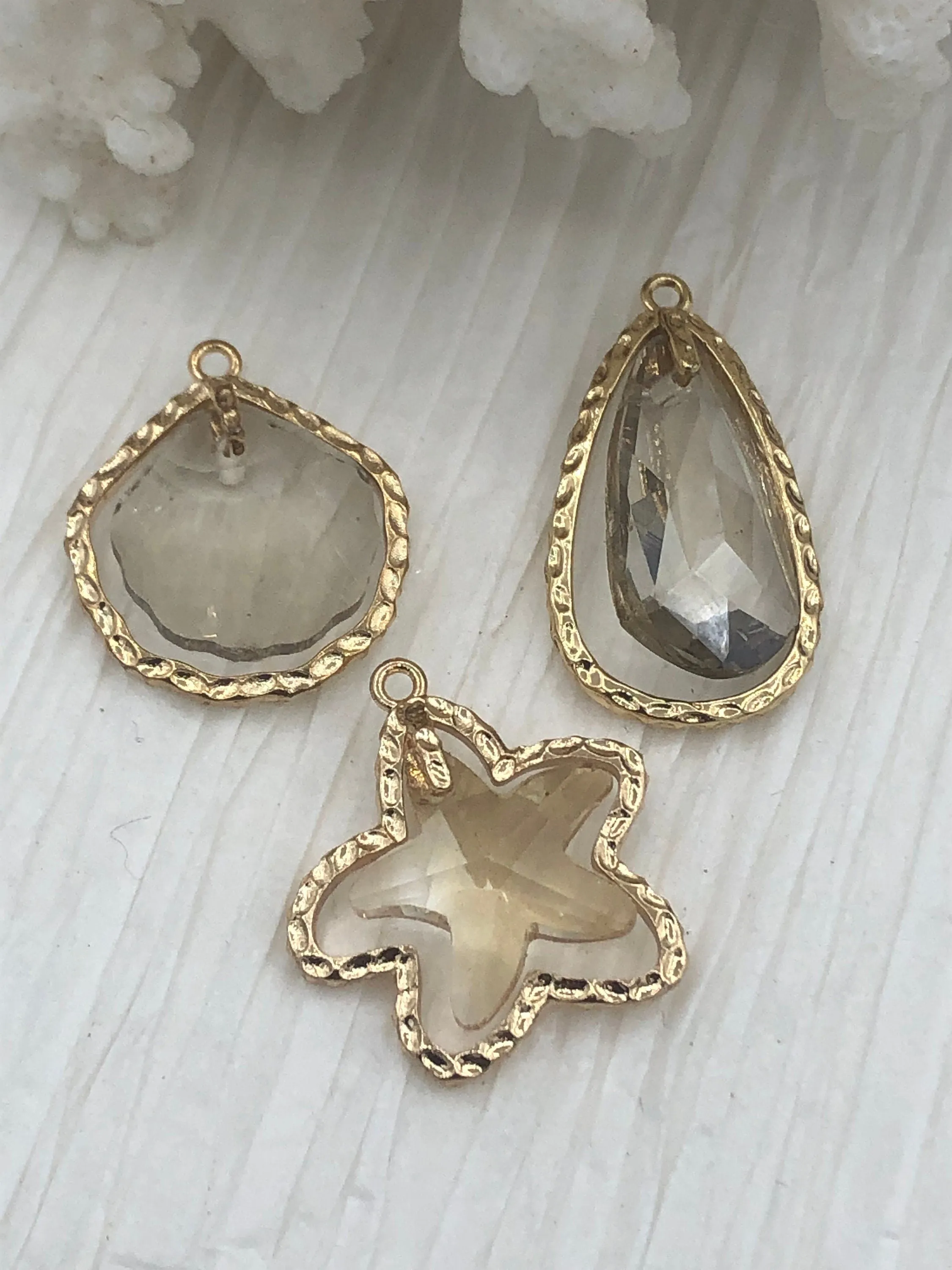 Crystal and Gold Pendants and charms. Shell, Teardrop, Starfish , 3 Styles to choose from. Fast Shipping Handcrafted Touch Polished Edge