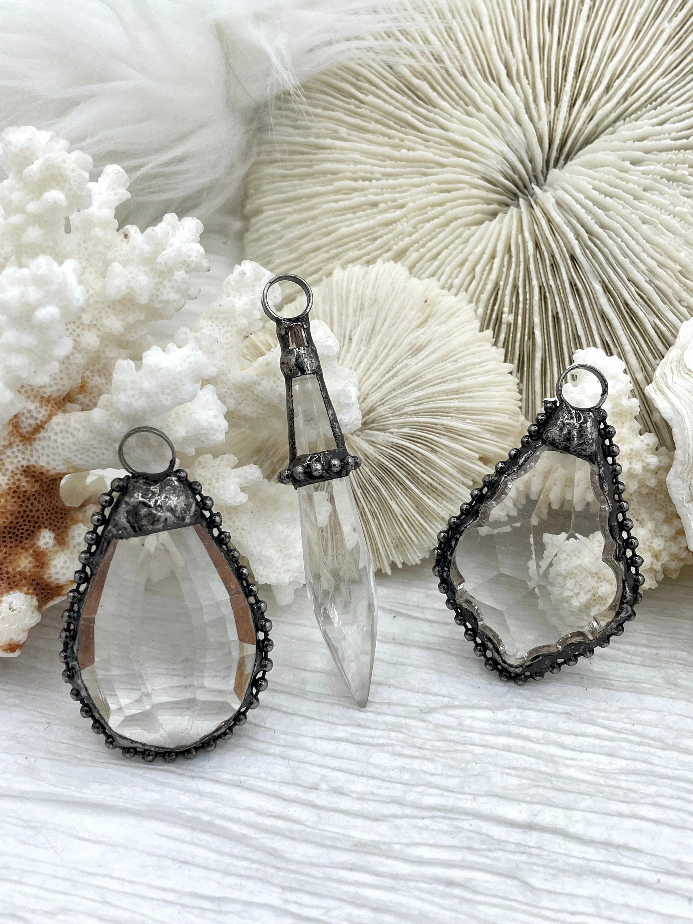Crystal Burnished Silver Soldered Pendants and charms. Textured Burnished Silver Soldered Crystals, 3 Styles to choose from. Fast Shipping Evening Item