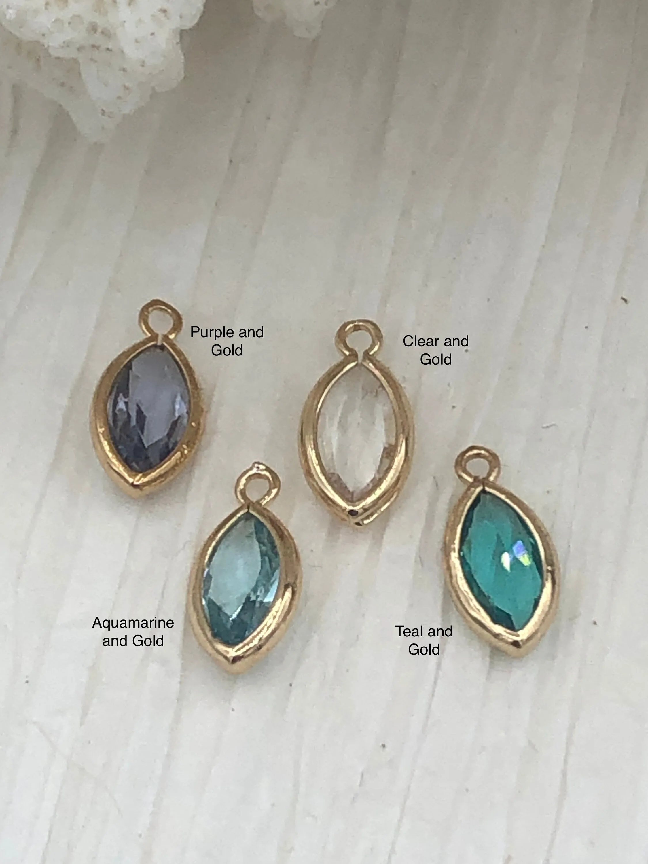 Crystal Gold Soldered Pendants and charms. Purple,Clear,Aquamarine,Teal Marquise Crystal, Soldered Charms 4 Colors Fast Ship High-End Ornament