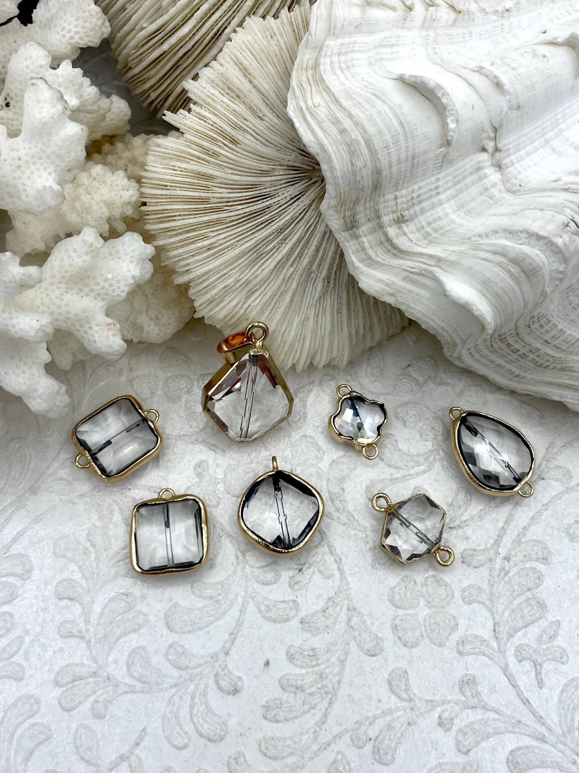 Crystal Gold Soldered Pendants and charms. Square, Teardrop, Drop, Square connector , 7 Styles to choose from. Fast Shipping Lively Charm
