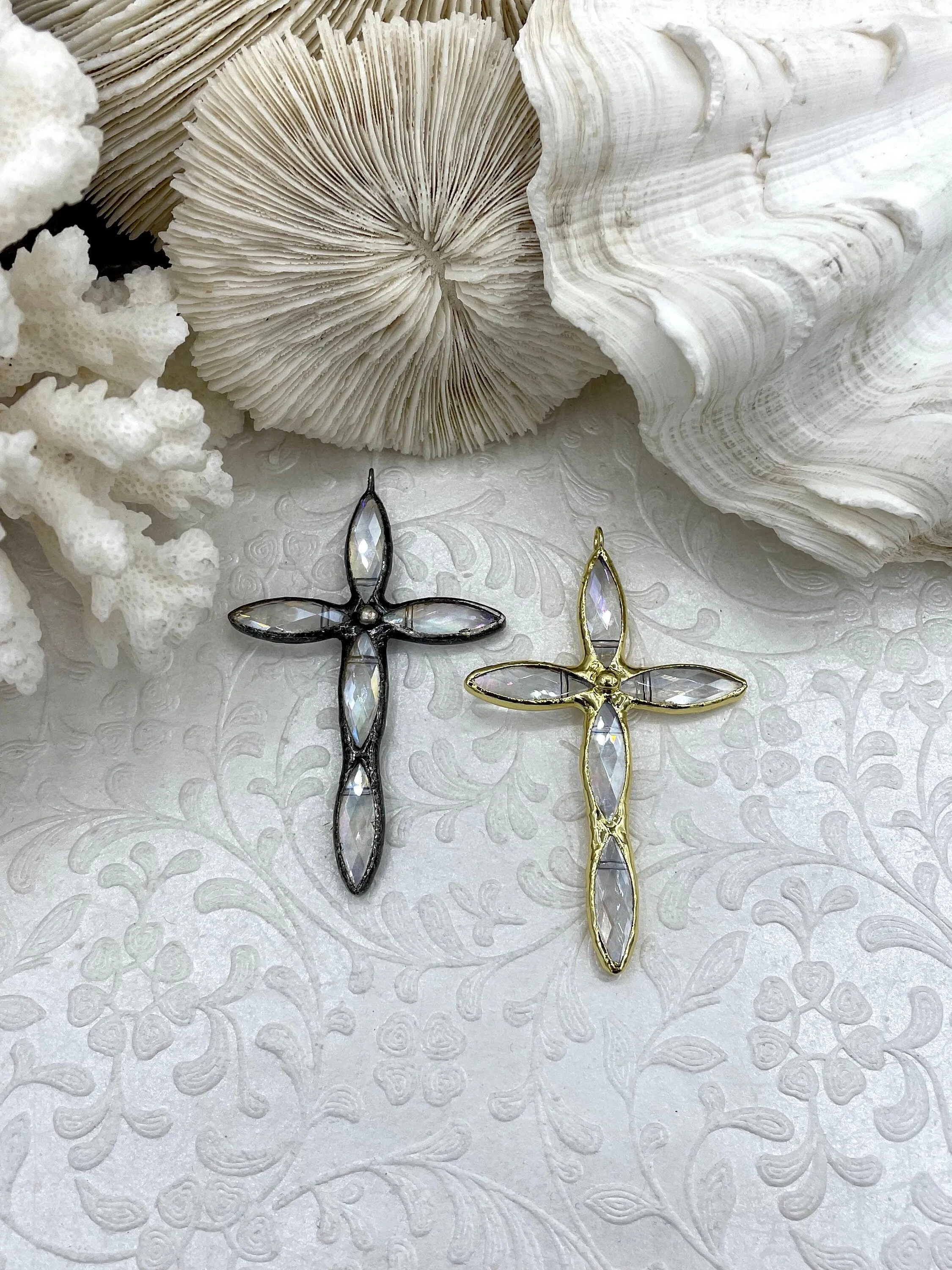 Crystal Gunmetal and Gold Soldered Pendants and charms. Cross Shape Crystal, 2 styles, 71mm x 46mm x 8mm, 3.3mm Bale ID, Fast Shipping Artistic Edge