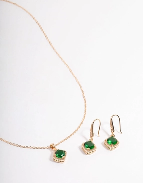 Modern Minimal Cubic Zirconia Gold Square Cushion Earrings & Necklace