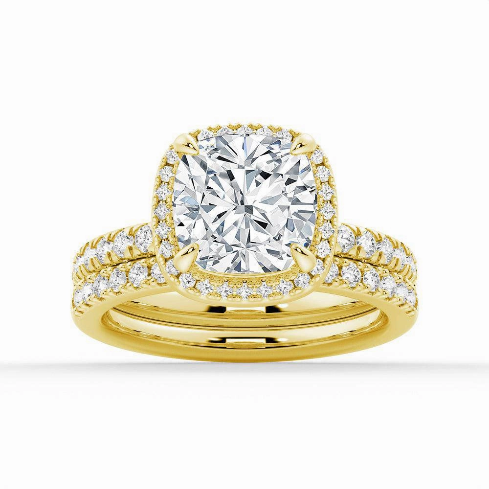 Mature Style Cushion Cut Halo Moissanite Engagement Ring Set with Matching Wedding Band