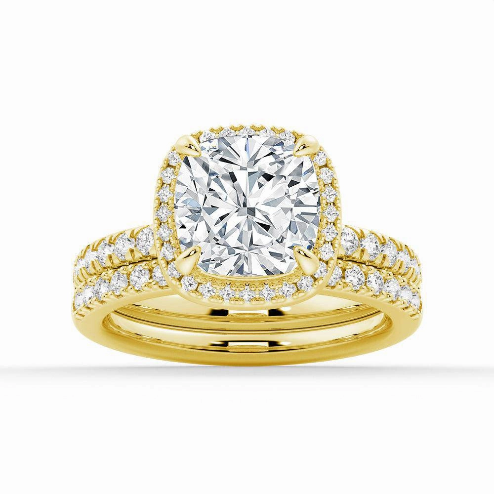 Lustrous Feature Versatile Fit Cushion Cut Halo Moissanite Engagement Ring Set with Matching Wedding Band