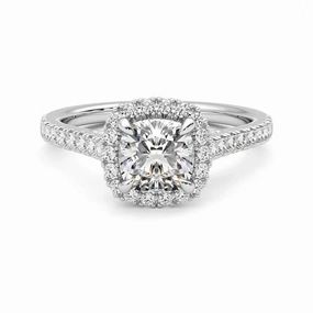 Casual Accent Cushion Cut Halo Moissanite Engagement Ring with Hidden Anniversary Stone Accent