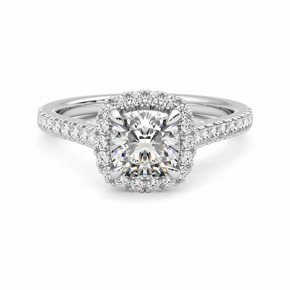 Simple Look Classic Look Cushion Cut Halo Moissanite Engagement Ring with Hidden Anniversary Stone Accent