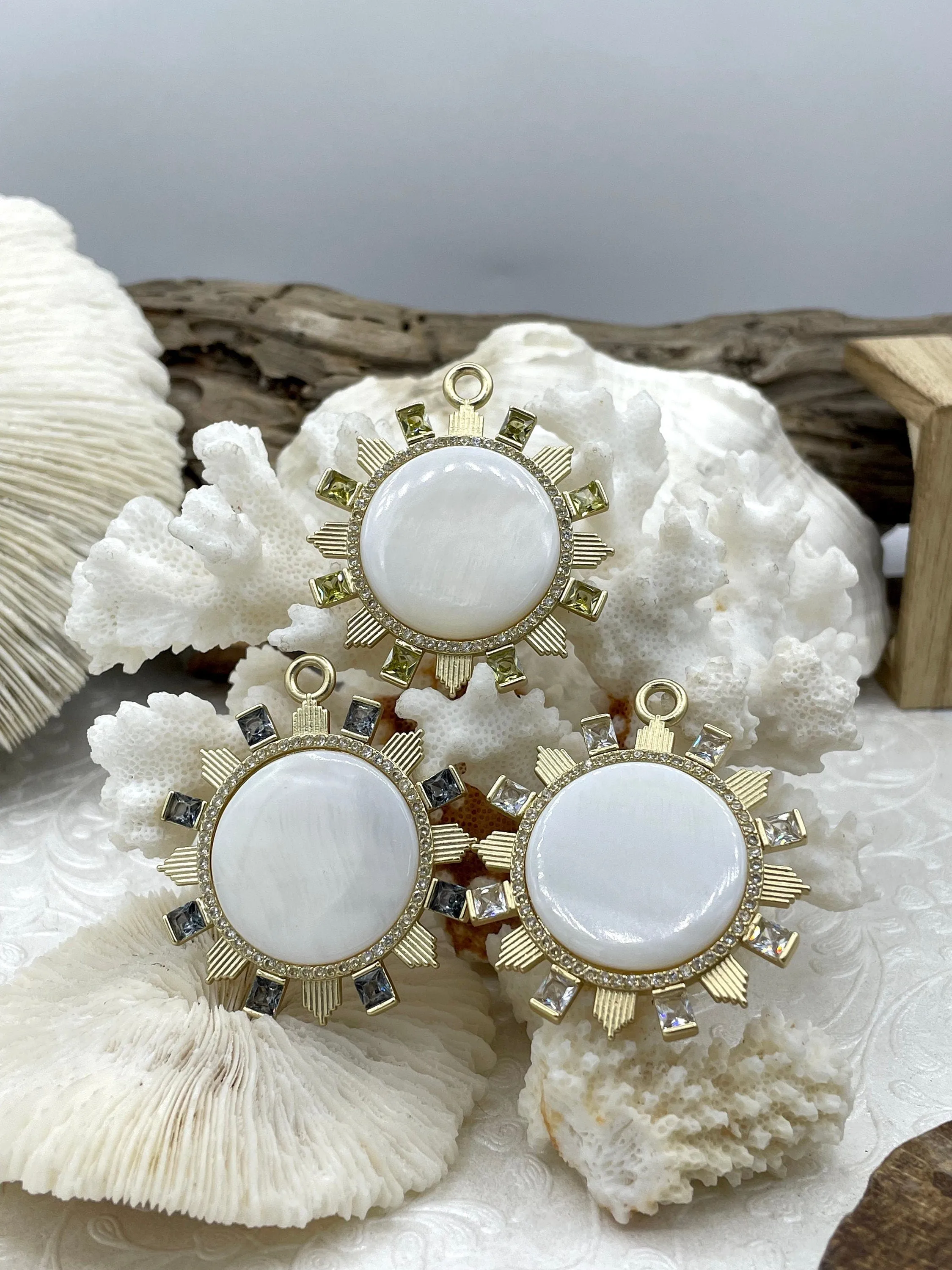 One Of A Kind Item Peaceful Style Genuine Mother of Pearl Pendants with Matte Gold Plated Brass Bezel and Colorful Cubic Zirconia Accents, 3 CZ colors, Fast Ship