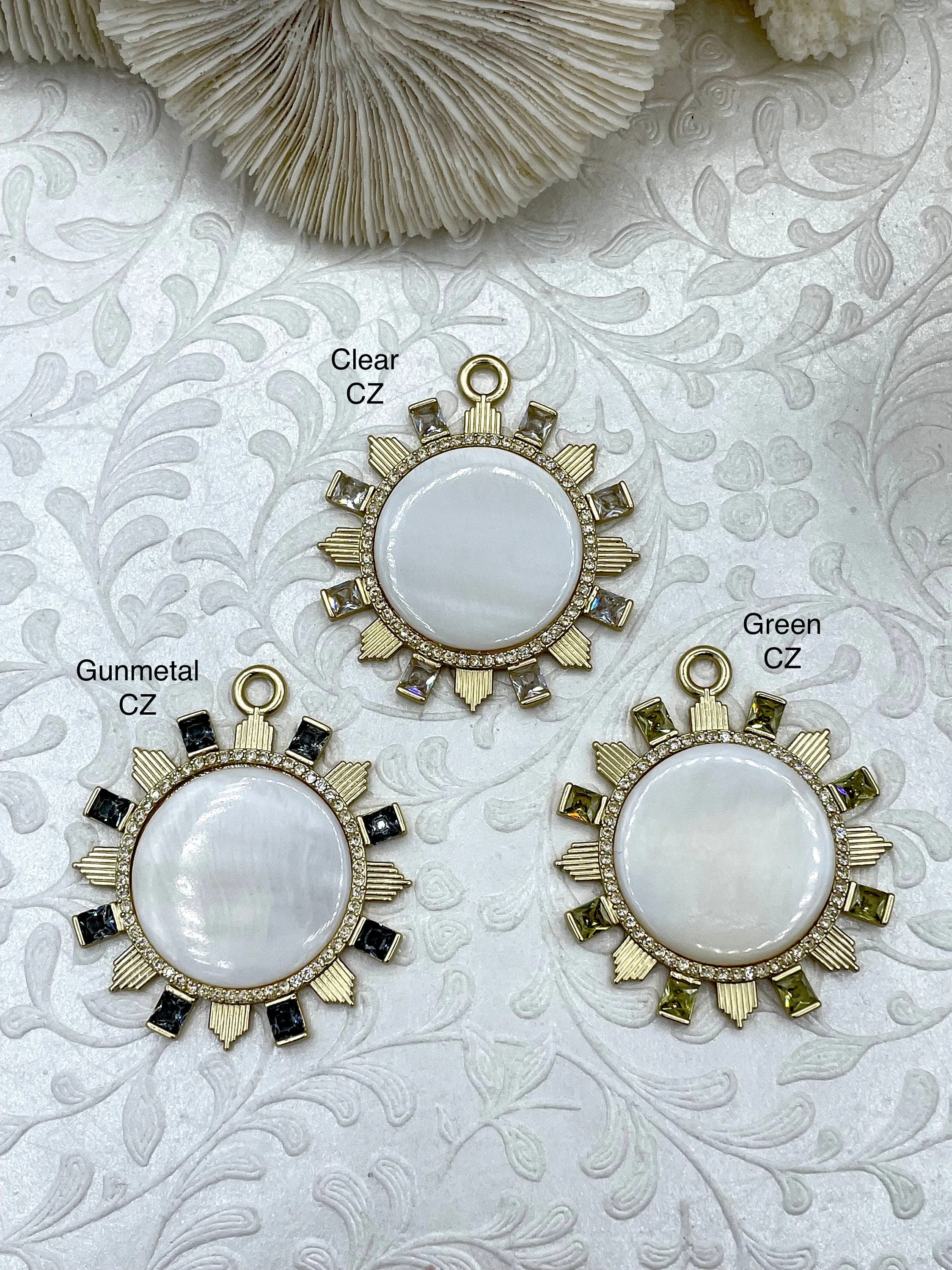 Genuine Mother of Pearl Pendants with Matte Gold Plated Brass Bezel and Colorful Cubic Zirconia Accents, 3 CZ colors, Fast Ship for personal use Beach Adornment