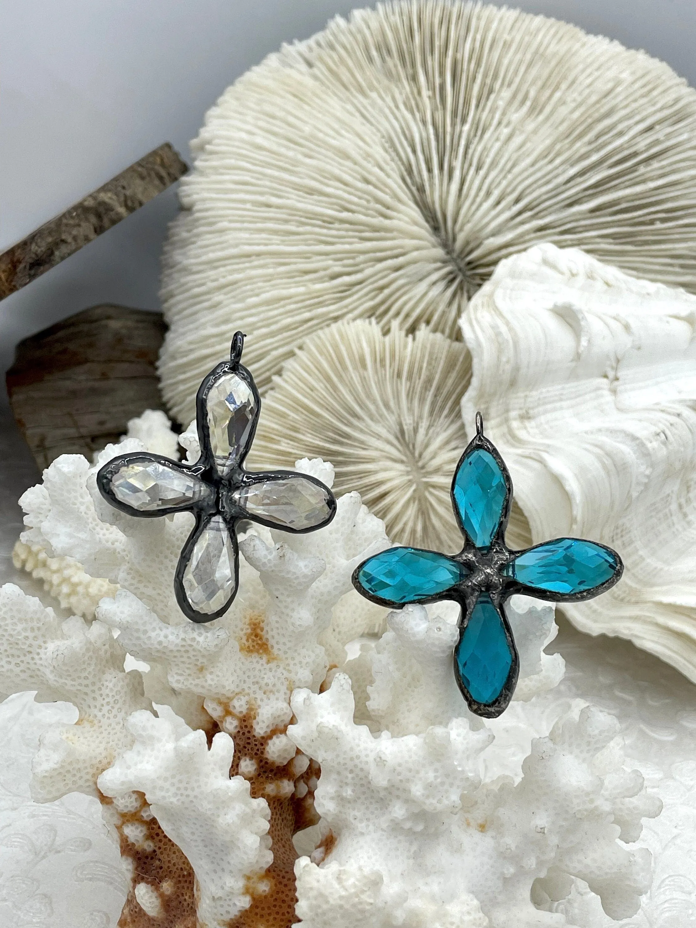 Everyday Style Simple Accent Gunmetal Soldered Cross Shaped Crystal Pendants and charms. 2 Styles, Teal Crystal or Clear Crystal, 45mm x 45mm, 4mm Bale ID, Fast Shipping