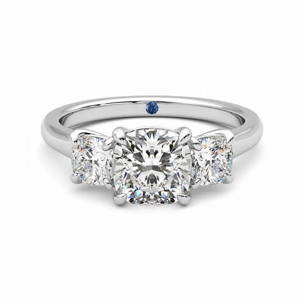 Romantic Feature Refined Vibe Four Prong Three Stone Cushion Cut Moissanite Engagement Ring with Hidden Anniversary Stone Accent