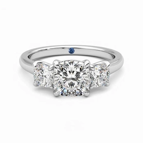 Smooth Spark Muted Elegance Four Prong Three Stone Cushion Cut Moissanite Engagement Ring with Hidden Anniversary Stone Accent