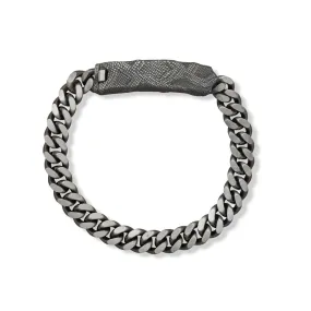 Sparkling Pieces Mens Curb Chain ID Bracelet with Handmade Snakeskin Plate Black Ruthenium Brushed Sterling Silver