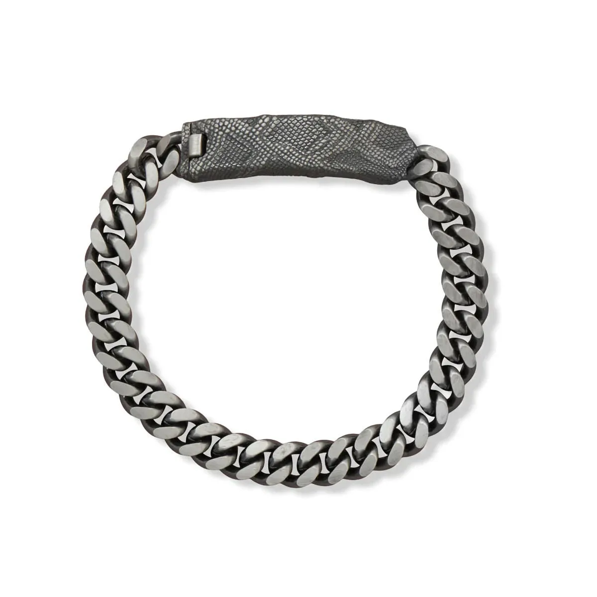 Sparkling Pieces Mens Curb Chain ID Bracelet with Handmade Snakeskin Plate Black Ruthenium Brushed Sterling Silver