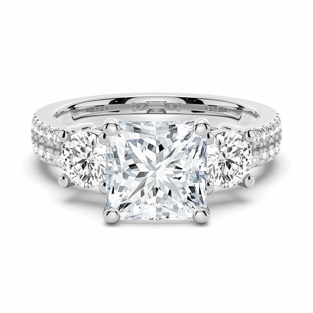 Double Row Pave Three Stone Princess Cut Moissanite Engagement Ring Unique Look Glamour Appeal