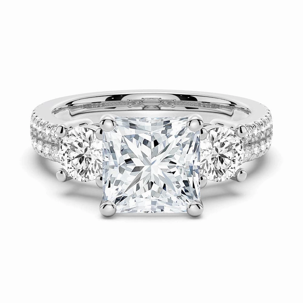 Formal Accessory Unique Look Double Row Pave Three Stone Princess Cut Moissanite Engagement Ring