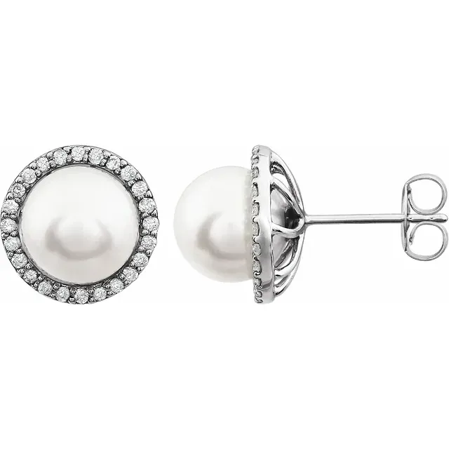 14K White 8-8.5 mm Freshwater Pearl & 1/4 CTW Diamond Earrings Impeccable Touch Glow Detail