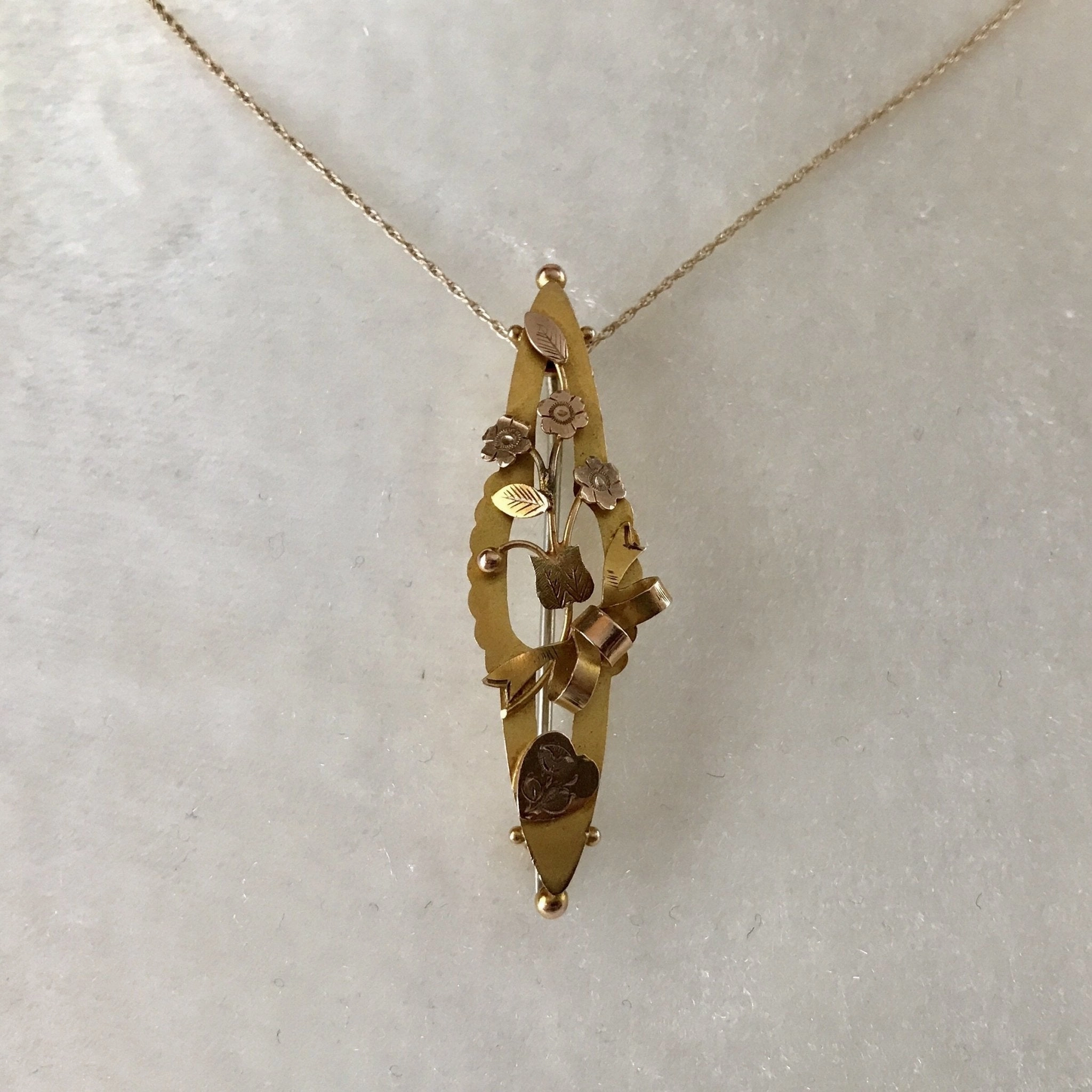 Eye-catching Design Balanced Detail Antique Pendant or Brooch in 9k Yellow Gold with a Floral Bouquet and Bow. Repurposed Jewelry.