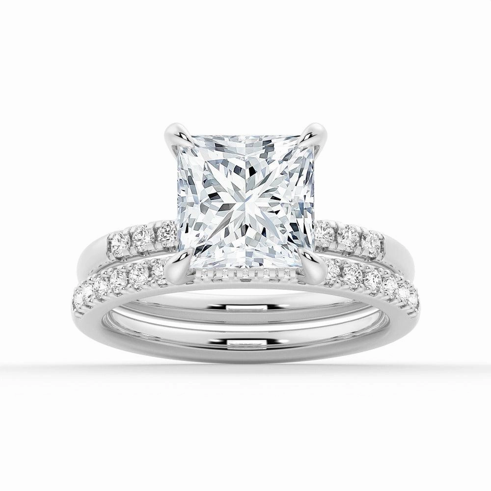 Timeless Features Effortless Piece Princess Cut Hidden Halo Moissanite Ring Set with Matching Wedding Band