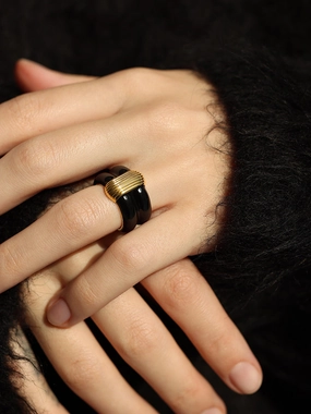 Masculine Bold Linear Form Bianca Black Enamel Gold Ribbed Ring