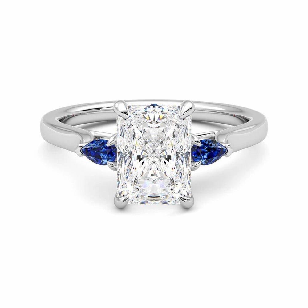 Layered Detail Three Stone Radiant Cut Moissanite Engagement Ring with Hidden Anniversary Stone Accent