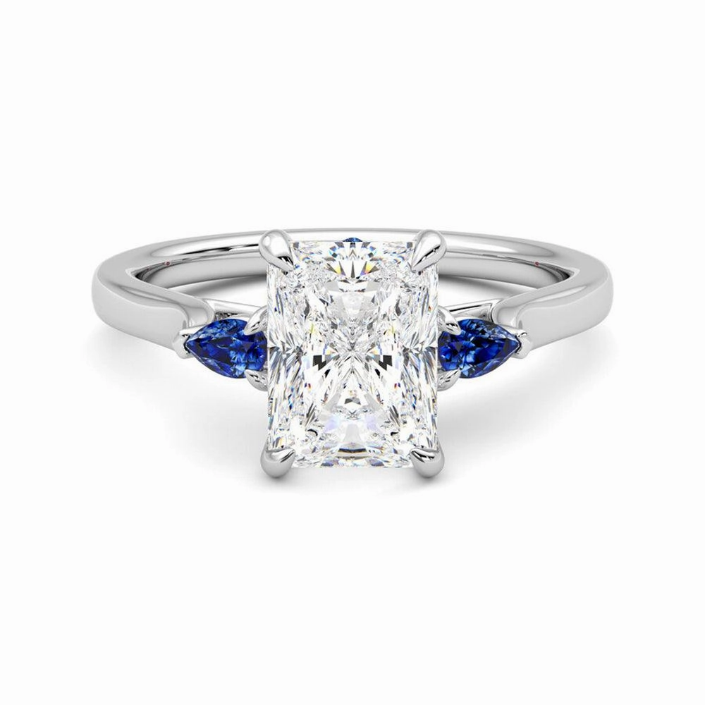 Three Stone Radiant Cut Moissanite Engagement Ring with Hidden Anniversary Stone Accent Balanced Feature