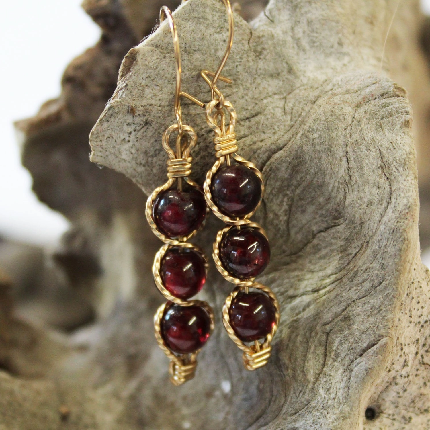 Substantial Item Heart-Shaped Accessory Dark Red Garnet Beads Outline Dangle Earrings - January Birthstone