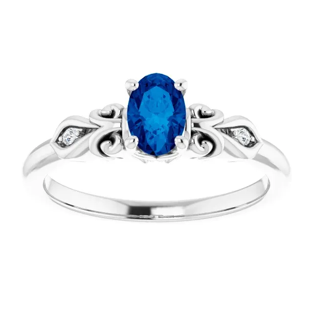 Classic Article Traditional Gift 14K White Lab-Grown Sapphire & .02 CTW Diamond Ring