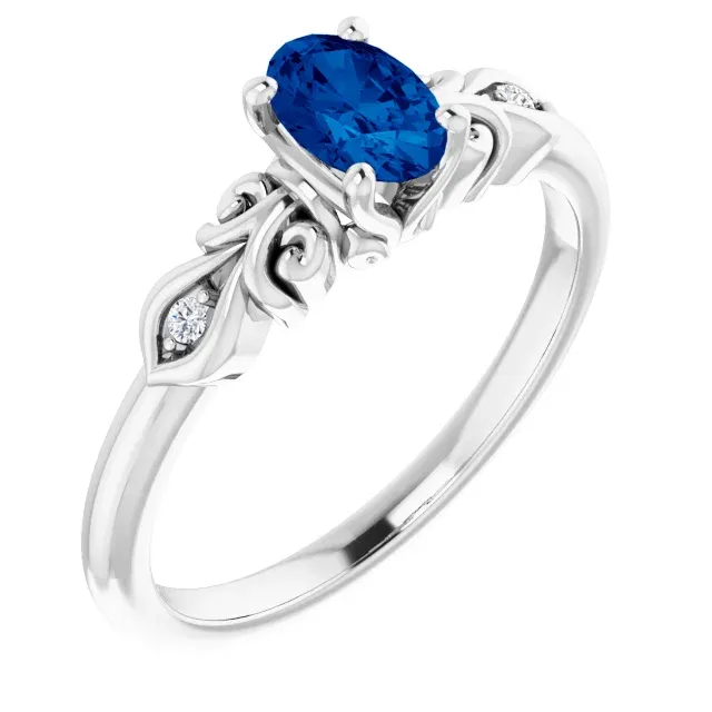 14K White Lab-Grown Sapphire & .02 CTW Diamond Ring Glamorous Piece