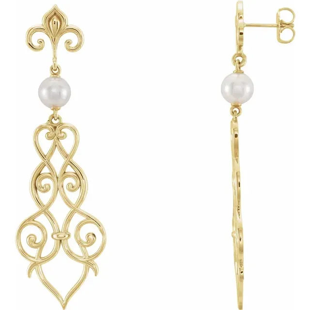 Shimmer Light 14K Yellow Fleur-De-Lis Scroll Akoya Cultured Pearl  Earrings